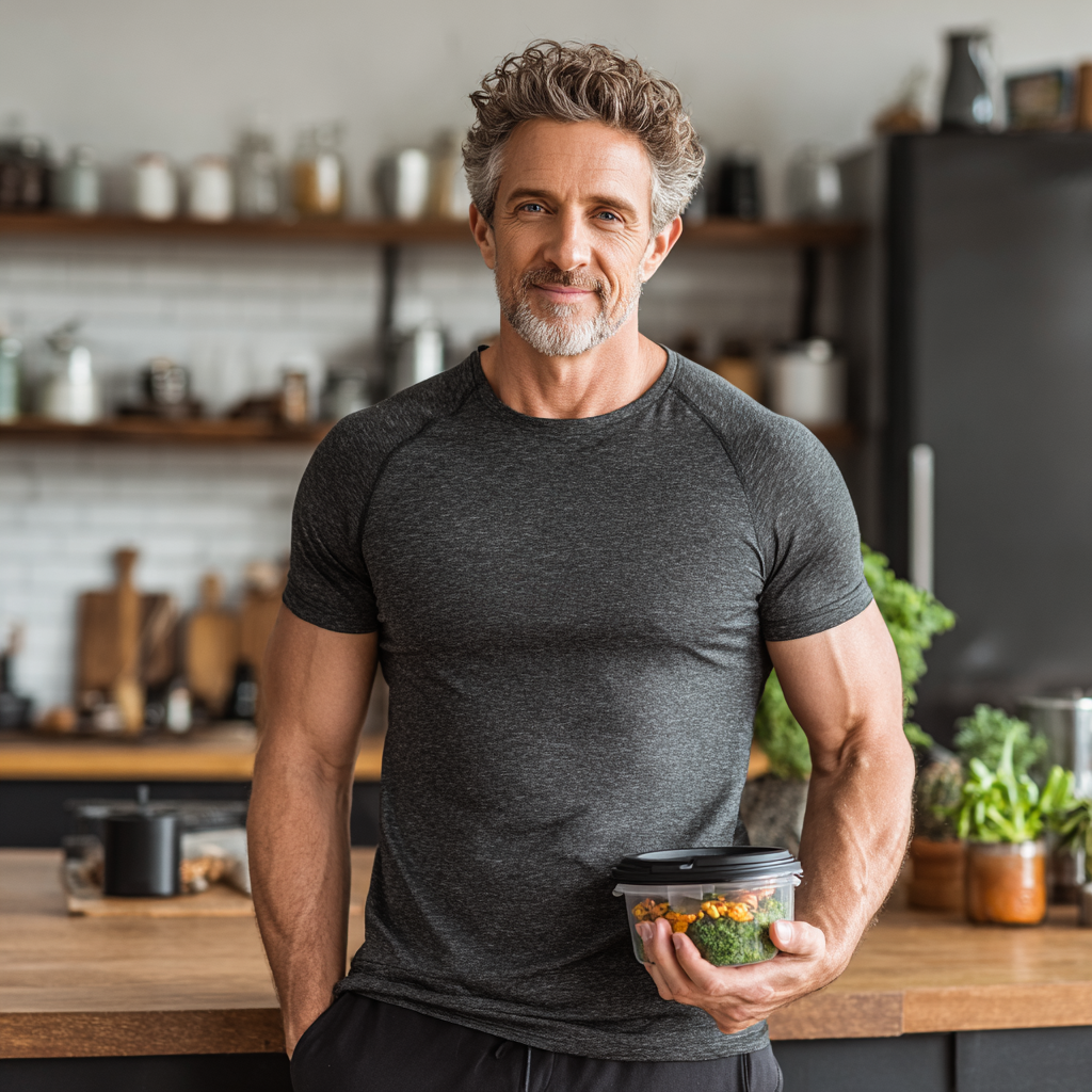 Confident 45-year-old man in athletic wear holding a healthy meal prep container, standing in a bright modern kitchen
