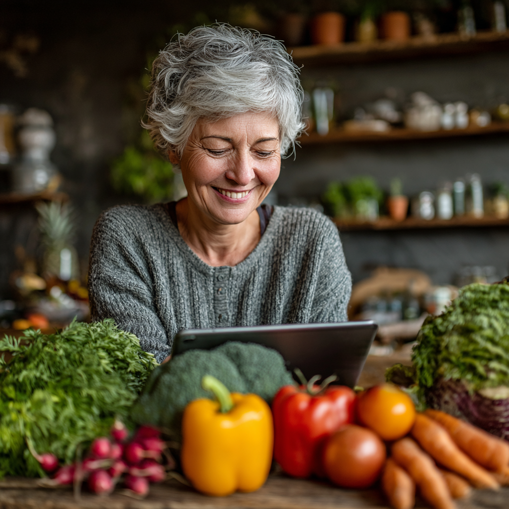 Happy 50-year-old woman with gray hair smiling while looking at a nutrition app on her tablet, sitting at a wooden table with fresh fruits and vegetables