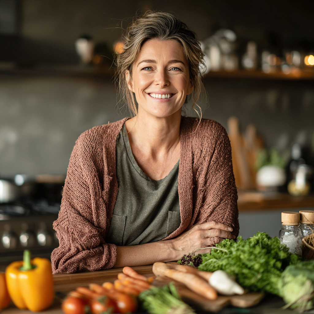 Middle-aged woman in her 40s smiling while preparing healthy vegetables in a modern kitchen, wearing casual clothes